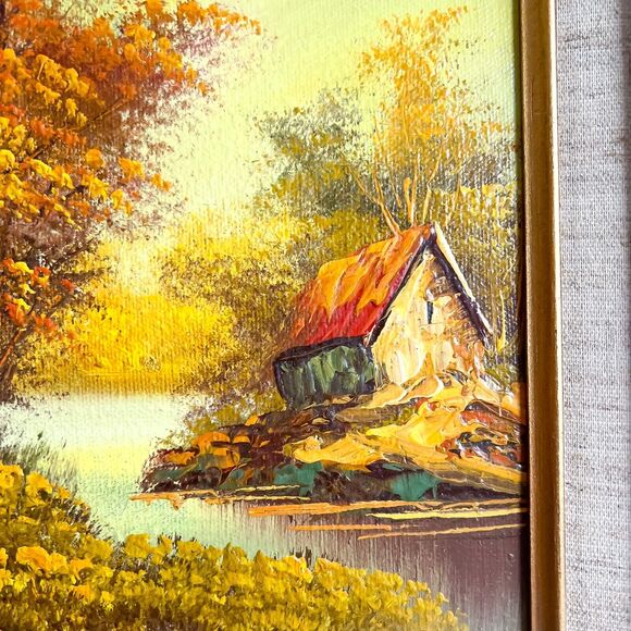 Vintage 10x8in River Bank Forest Still Life Oil Painting Wood Gold Frame Sunset - Picture 5 of 10
